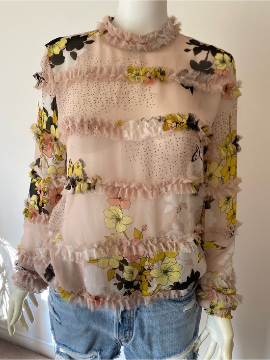 Guess Tops - Guess Blush Sheer Floral Ruffle Blouse